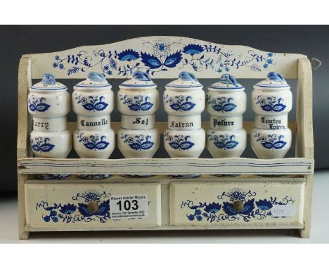 French Painted Wooden Spice Rack with Two Drawers holding Six Ceramic Spice Jars, 30cms long 
