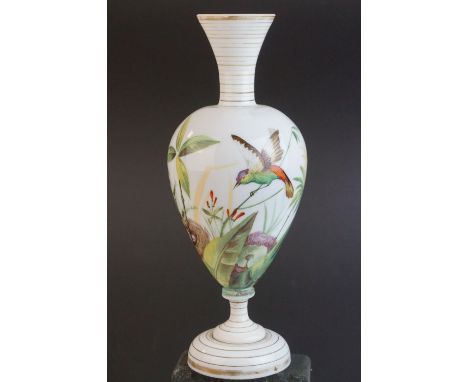 19th century Bohemian Glass Opaque Vase, hand painted with exotic birds in foliage with a nest and lizard, 26cms high 