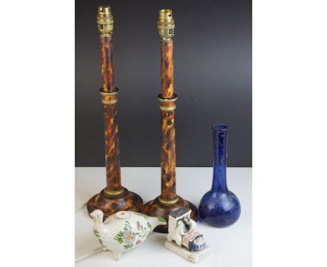 A pair of painted burr effect lamps, blue glass vase, tin glaze bird and a fairing. 