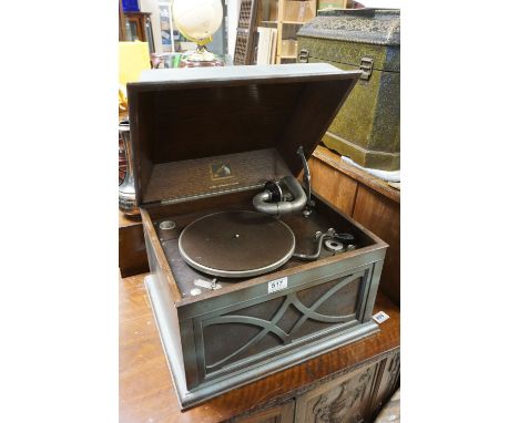 A vintage HMV tabletop gramophone painted. 