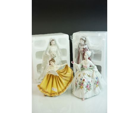 Two Royal Doulton Pretty Ladies figurines ' Madison ' and ' Diana ' together with Two boxed Royal Worcester figurines 2006 Qu