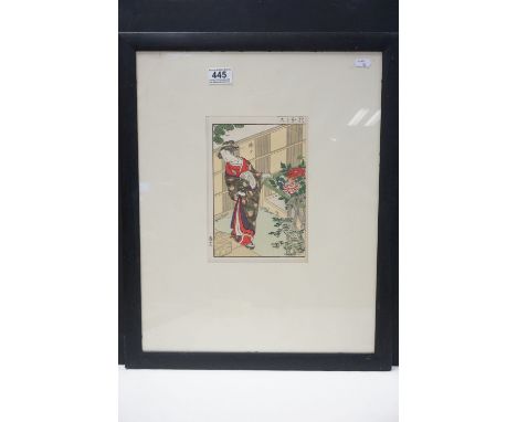 Signed Antique Japanese Woodblock Portrait of a Geisha Girl tending flowers 