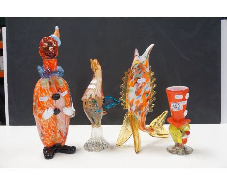 Murano glass Clown Decanter together with a similar vase, a cockerel and fish figure. 