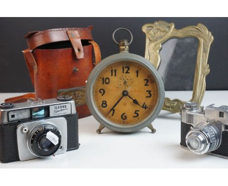 Two vintage cameras Comet and Ilford, an Art Nouveau brass frame, alarm clock and  Reproduction Marine binoculars. 