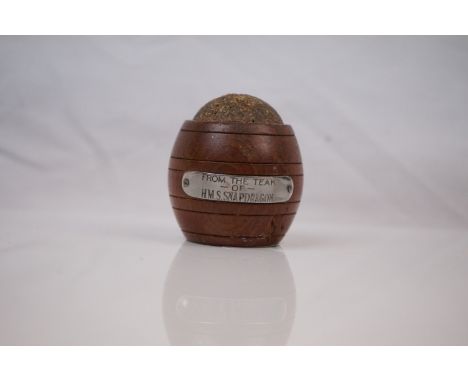 Pin Cushion in the form of a Barrel made from the teak of H.M.S Snapdragon, 5.5cms high