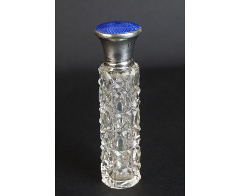 Cut Glass Scent Bottle with Silver Hallmarked and Blue Guilloche Enamel Top, with stopper, Birmingham 1922, maker Albert Cart