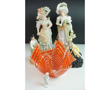 Mixed Lot including a Glass Handkerchief Vase, Pair of Continental Bisque Figures, Continental Ceramic Figural Flower Frog, p