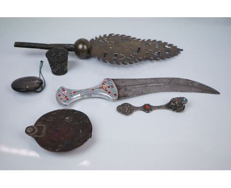 Mixed Lot of Ethnic / Oriental Items including a Curved Dagger set with glass stones, Chinese White Metal Bottle Opener in th