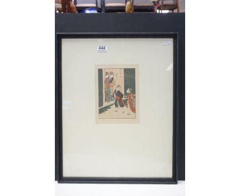 Signed Antique Japanese Woodblock Portrait depicting two Geishas with companions 