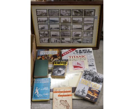 Collection of Titanic Memorabilia and Books with framed and glazed set of 25 Rockwell Cards in the Titanic series, plus Vinta