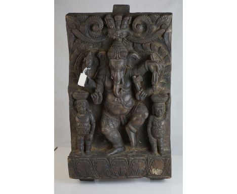 Indian Carved Wooden Architectural Panel depicting Ganesha, 57cms x 32cms 