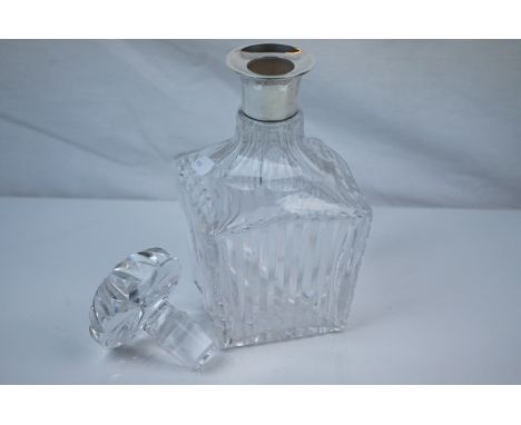 Square Cut Glass Decanter with Silver Hallmarked Collar, Birmingham 1949 