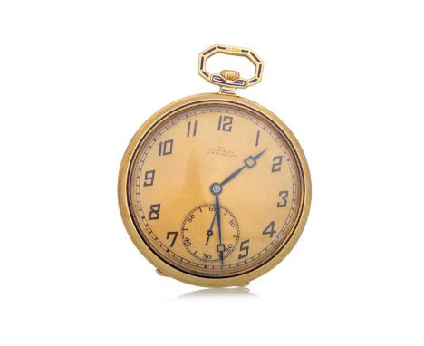 ART DECO NINE CARAT GOLD OPEN FACE POCKET WATCH, the round dial with Arabic hour markers, outer railroad seconds track in bla