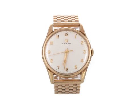 OMEGA NINE CARAT GOLD MANUAL WIND WRIST WATCH, the round dial with Arabic hour markers, 33mm case, on a nine carat gold brace