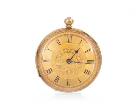 EIGHTEEN CARAT GOLD OPEN FACE POCKET WATCH,  the round dial with Roman hour markers, 42mm case with foliate decoration to the