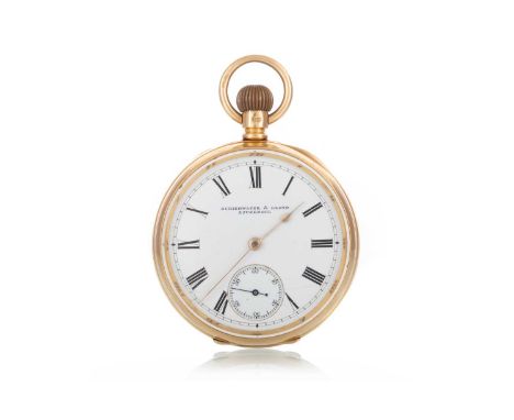 EIGHTEEN CARAT GOLD OPEN FACE POCKET WATCH,  the round white dial with Roman hour markers, outer railroad seconds track, the 