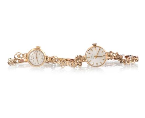 TWO NINE CARAT GOLD MANUAL WIND WRIST WATCHES, comprising a Record and a Marvin example, each on partially expanding bracelet