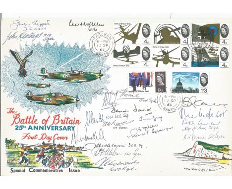 19 Battle of Britain pilots signed pilots signed large 1965 Battle of Britain FDC with White Cliffs illustration and Fareham 
