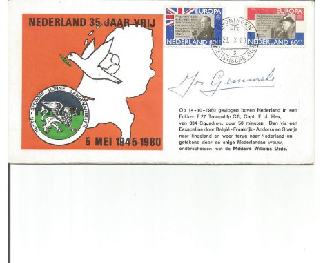 B. J. Fick Gemmeke WW2 signed Rare Cover Nederland 35 JAAR VRIJ, 5 MEI 1945 - 1980. Orange cover with white Dove of Peace. Ca