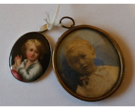Two Portrait Pendants: One on Enamel in a Hallmarked Silver Mount, the other a watercolour mounted in gold metal (2).
