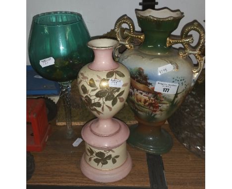 A Very Good Lot with a glass Art Deco ceiling light fitting, a pair of brass fish candle sticks, two table lamps, vases, etc.