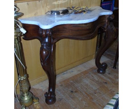 A Very Good 19th Century Mahogany Console Table; with carved cabriole front supports and a white marble top.