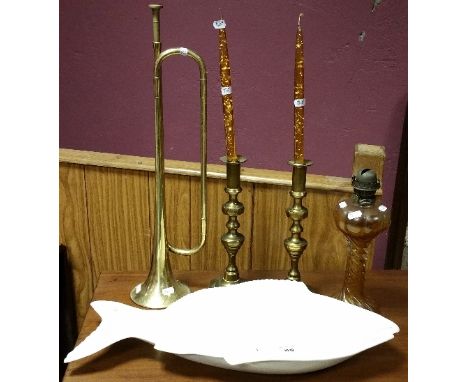 A Pair of 19th Century Brass Candlesticks, Oil Lamp, Trumpet and a fish serving plate.