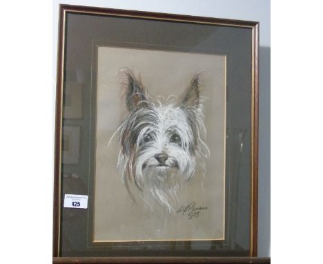 A Pastel Portrait of a Long Haired Terrier by Will Plowmann, signed and dated 1985.