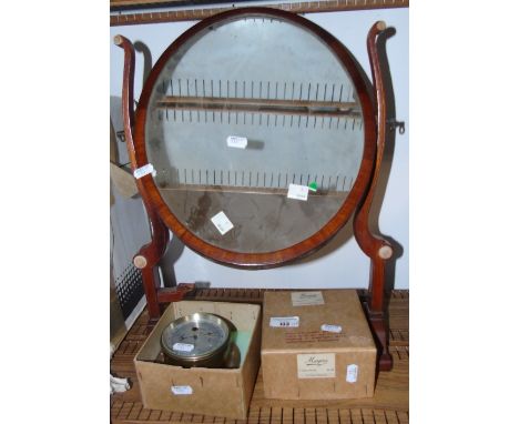 A Brass Cased Marples 3" Barometer in original wooden box, together with a Regency Mahogany Crutch Mirror (2).