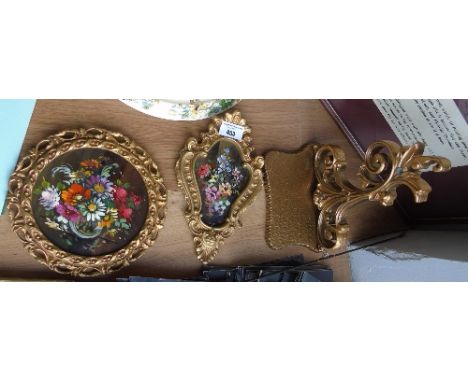 Two Oils on Board Depicting Still life's of Flowers Mounted in Decorative Gilt Frames along with a Gilt Wall Bracket. 