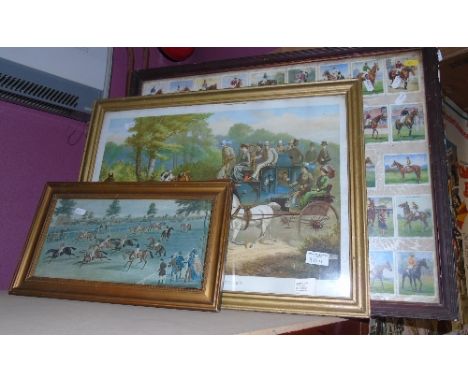 A Group of Three Hunting and Coaching Pictures; to include a quantity of trade cards framed.