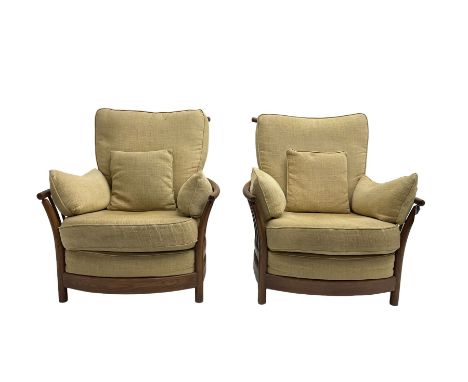 Ercol - pair elm and beech 'Renaissance' armchairs, upholstered in beige fabric  Dimensions: Height: 98cm  Length/Width: 90cm