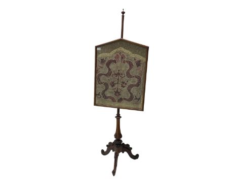 Victorian rosewood pole screen, glazed panel with foliate embroidery, raised on vasiform column with carved acanthus leaf dec