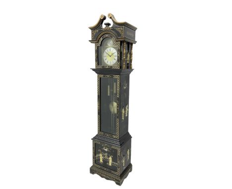 20th century 8-day chain driven black lacquered longcase clock - with a swans neck pediment and break-arch hood door, fully g