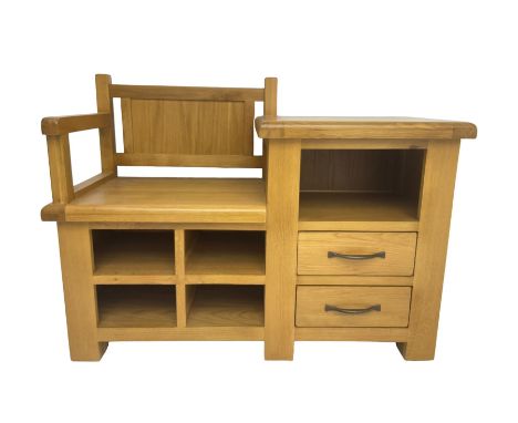 Late 20th century light oak telephone table, seat over four pigeon holes, fitted with shelf over two drawerDimensions: Height