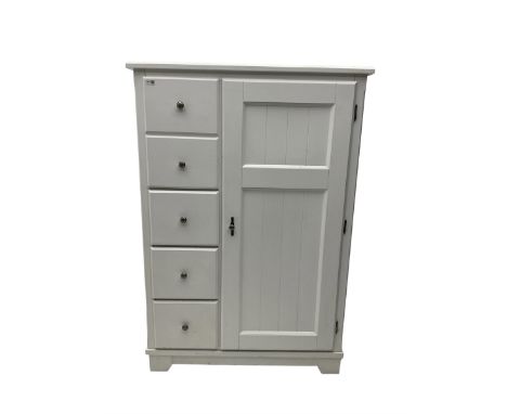 White painted cupboard, fitted with large cupboard, two false drawers enclosing cupboard over three drawers, on bracket feetD