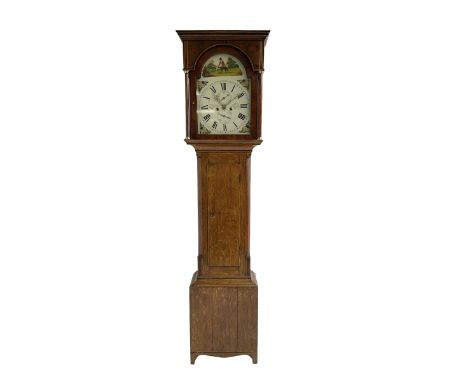 Thomas Gibson of Berwick - oak and mahogany 8-day longcase clock c 1860, with a flat topped pediment and recessed break arch 