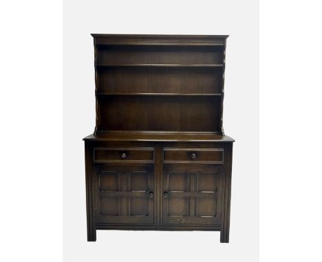 Ercol - dark elm dresser, raised two-tier plate rack above two drawers and two panelled cupboardsDimensions: Height:&nbsp;174