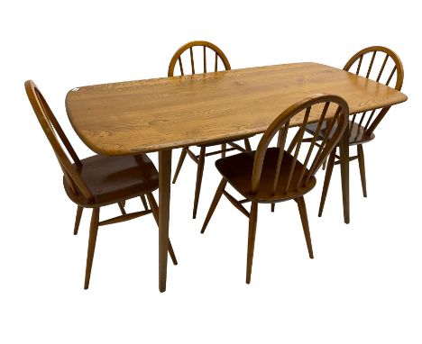 Ercol - model 382 light elm and beech dining table, rectangular plank top raised on tapering supports (W150cm D75cm H72cm); w