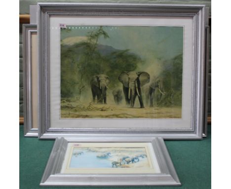Four framed David Shepherd prints of elephants, the largest 75cm x 38cm, the smallest 31.5cm x 18cm