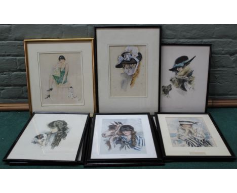 Nine framed prints of female portraits c1930 plus a framed watercolour 'These Bewitching Eyes', signed H Kelf