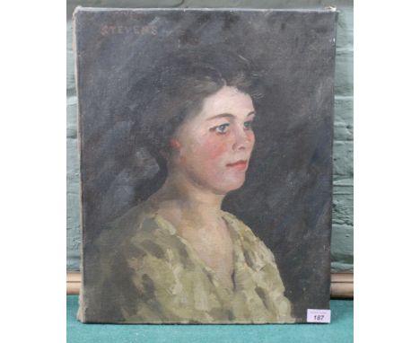 An oil on canvas of a portrait of a lady, signed 'Stevens', 41cm x 51cm