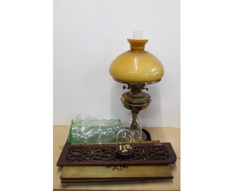 A vintage Duplex oil lamp with shade plus two painted wooden panels and mixed glassware etc