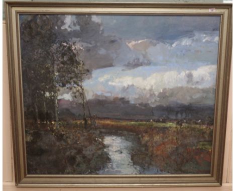 Geoffrey Chatten (1938-), oil on board 'Norfolk Marsh and Genevieve Fishing', 121cm x 105cm. Droit De Suite Royalty charges w
