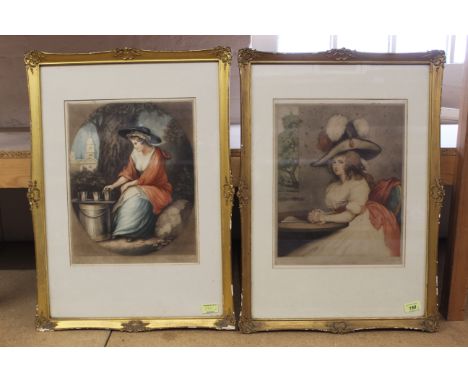 A pair of late 19th Century coloured prints in swept gilt frames of a lady seated at a table and a milkmaid, after Thomas G A
