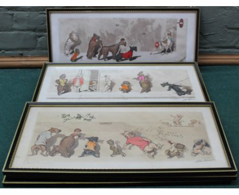 A set of seven framed French canine caricature prints c1930, titled and signed