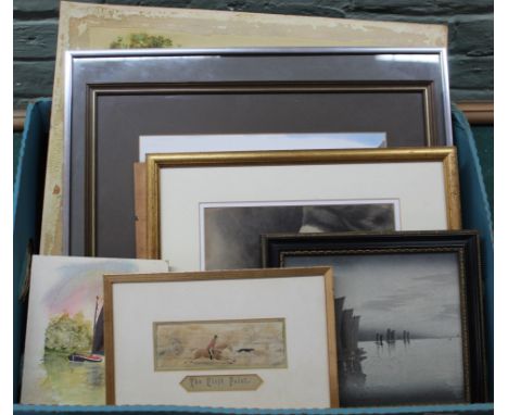 Eight assorted watercolours, prints and oils of landscapes, animals etc plus a framed Stevengraph 'The First Point'