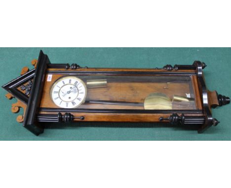 A wooden cased Vienna regulator wall clock with enamel face, sub second dial and blue steeled hands, approx 120cm long