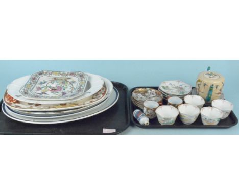 Assorted Oriental china including plates, dishes and tea cups plus a Satsuma faux bamboo teapot