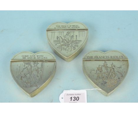 A set of three heart shaped brass snuff boxes viz: first one engraved with a sailing ship and titled 'The Francis Ridley', th